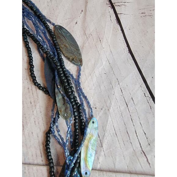 Earthy Boho Style Chunky Double Strand Beaded Shell Necklace Blue Tones - Picture 4 of 6